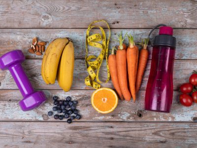 Overhead view of various healthy food on wooden table, copy space. unaltered, food, fitness and healthy eating concept.
